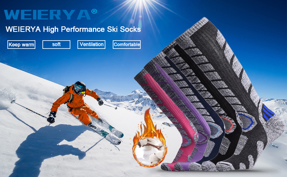 2 Pairs WEIERYA Ski Socks Warm Cotton Sports Outdoor Socks for Winter Skiing Snowboarding Skating Hiking 