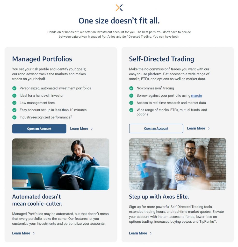 Axos Investing Options web screenshot