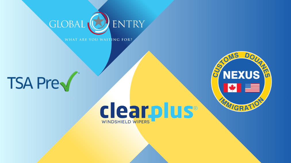 Global Entry, TSA PreCheck, CLEAR® Plus, and NEXUS logos illustration