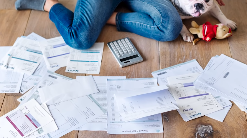 woman on the floor with many documents and invoices