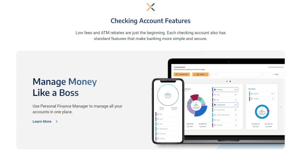Checking Account Features web screenshot